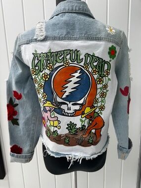 CUSTOM GRATEFUL DEAD DENIM DISTRESSED JEAN JACKET WOMENS SMALL